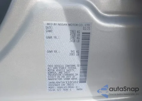 2025 Nissan Altima Sv Fwd from USA, damaged, VIN 1N4BL4DV7SN359502